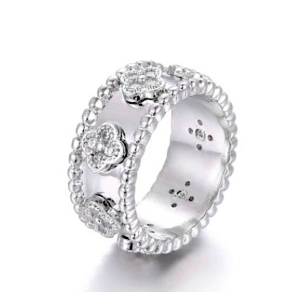 Platinum Four Leaf Clover Bangle Bracelet Matching Ring Set - Picture 3 of 9